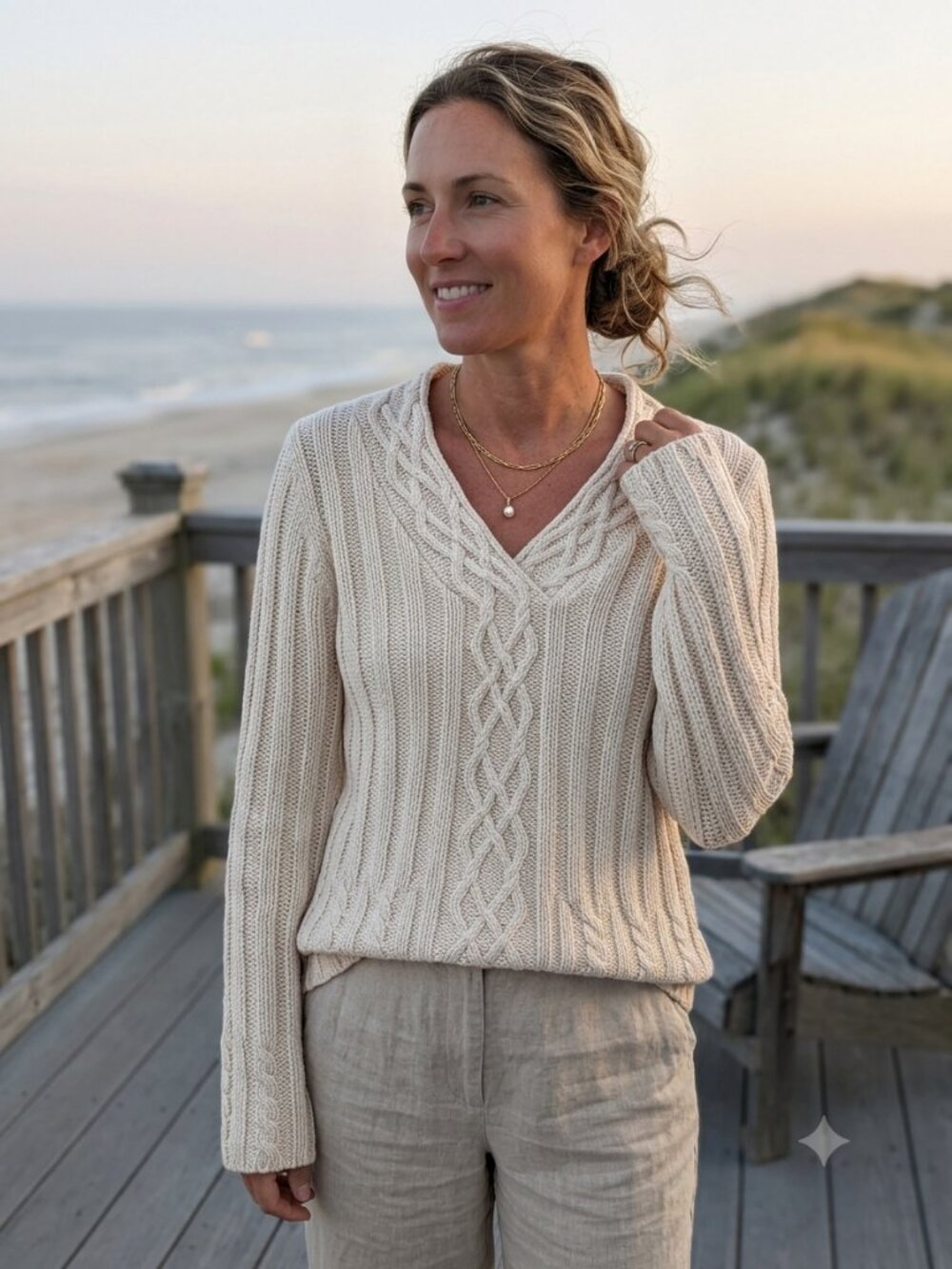 Leo & Nicole Coastal Cream 100% Cotton Chunky Cable Knit V-Neck Sweater M